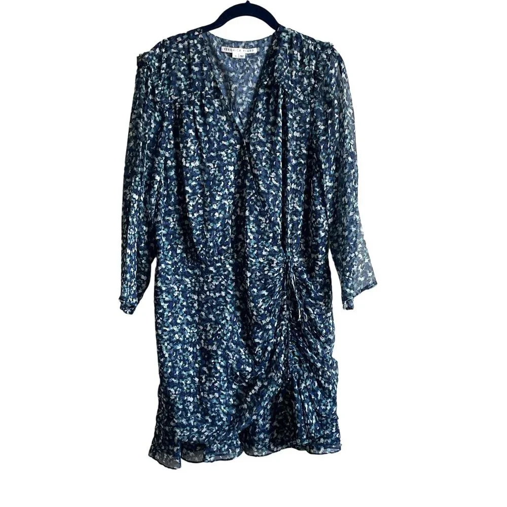 Veronica Beard Dress Anjali Ruched Blue Floral Print Silk Mini Length Womens 14 - Picture 1 of 14